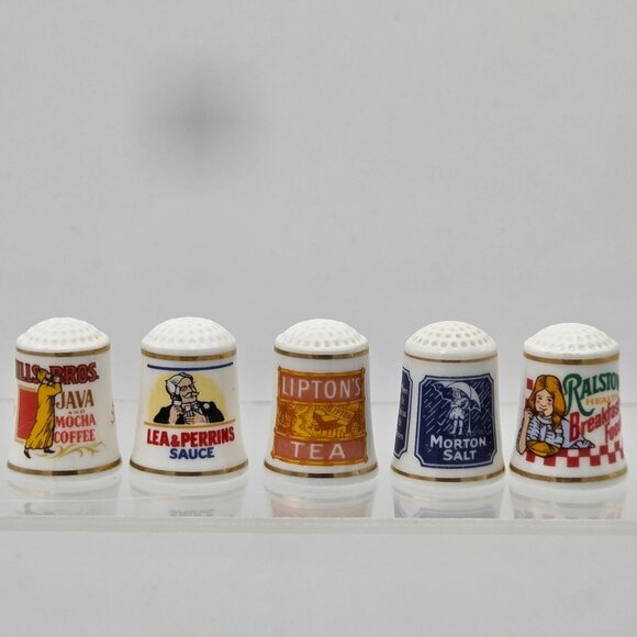 Country Store Advertising Thimbles Set of 25 and Info Cards W/ Wood Display Rack - Picture 8 of 16